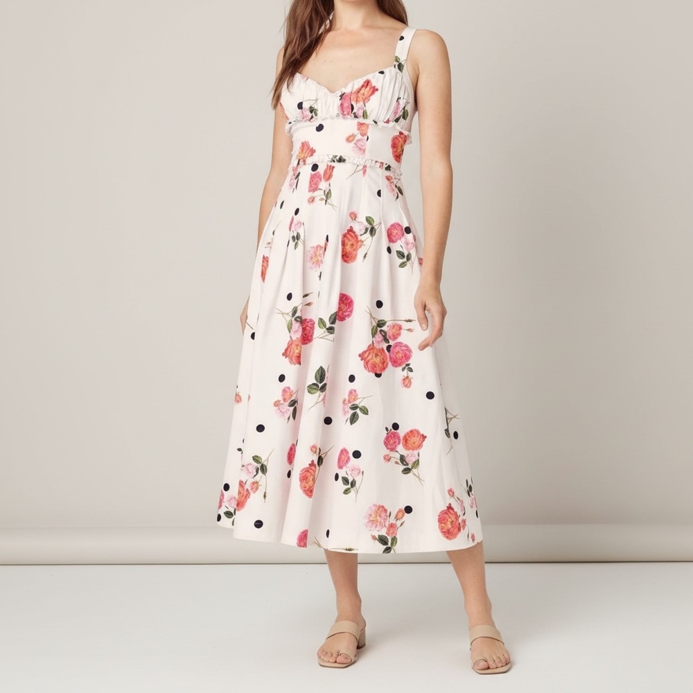 For Love & Lemons Floral Polka Dot Sweetheart Ruched Midi Dress Size M